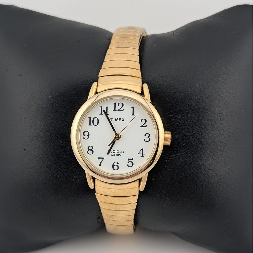Timex Indiglo Gold Tone White‎ Dial Stretch Band Watch 25mm Quartz